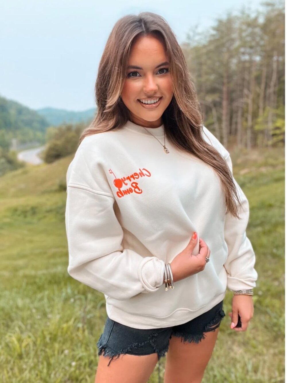 Bailey Rose Cherry Bomb Graphic Crewneck Sweatshirt Gray Blue S